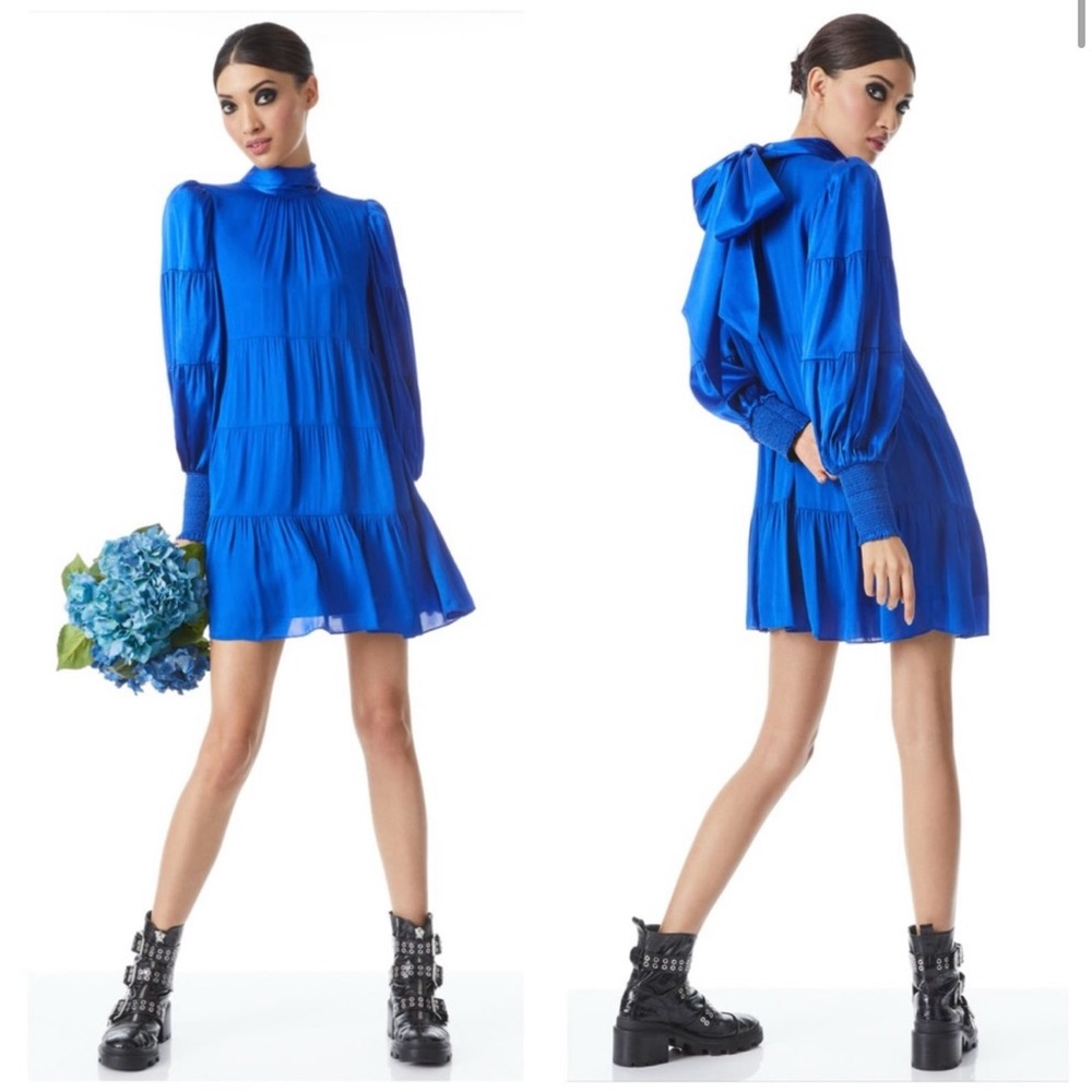 Alice + Olivia Karena Bow Back Tiered Babydoll Dress Royalty Blue Satin 4